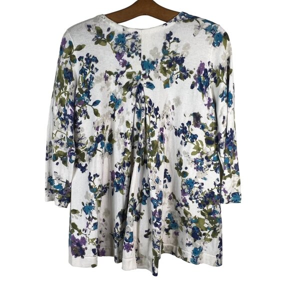J Jill Cardigan Sweater Pleated Back Floral Button Front White Blue Size Small - Picture 4 of 12